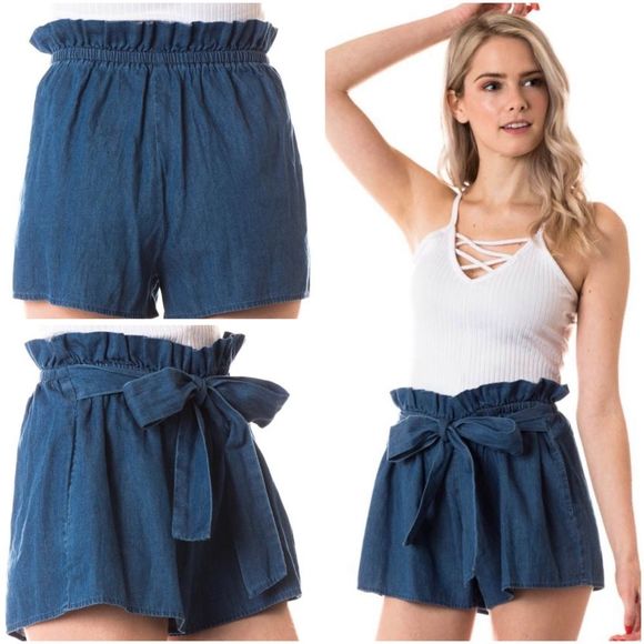🆕Paperbag belted high waisted denim shorts - Picture 2 of 5